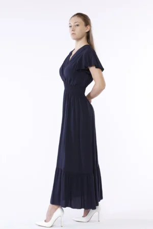 ABITO lungo con ampio scollo a V maniche volant ed elastico arricciato in vita con gonna stratificata a sbuffo