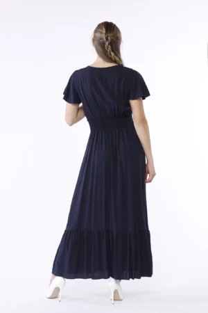 ABITO lungo con ampio scollo a V maniche volant ed elastico arricciato in vita con gonna stratificata a sbuffo