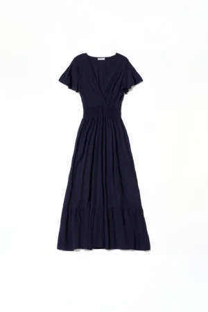 ABITO lungo con ampio scollo a V maniche volant ed elastico arricciato in vita con gonna stratificata a sbuffo