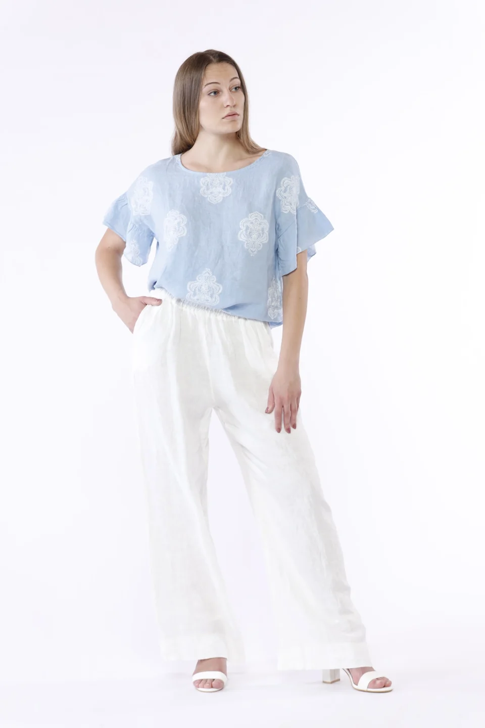 PANTALONE wide leg in puro lino con cordino di chiusura in vita ONEWORLD HYBRID