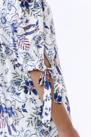 BLUSA fantasia di fiori con collo elastico arricciato e manica corta