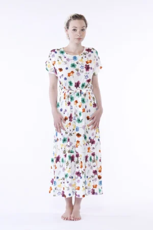 ABITO lungo a manica corta con fantasia di fiori colorati e graziosa cinta in vita