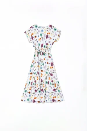 ABITO lungo a manica corta con fantasia di fiori colorati e graziosa cinta in vita