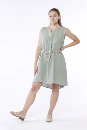 ABITO corto in fresco lino smanicato con scollo a giro aperto a V