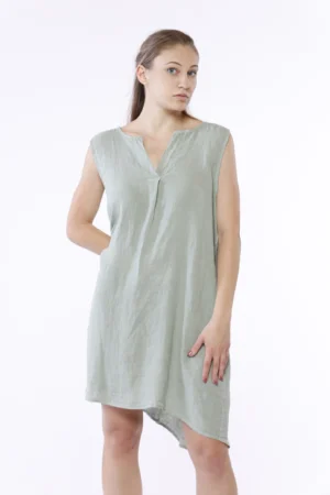 ABITO corto in fresco lino smanicato con scollo a giro aperto a V