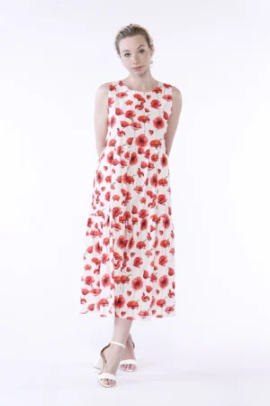 ABITO a fiori smanicato con gonna stratificata a sbuffo e bottoncino di chiusura posteriore