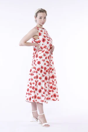 ABITO a fiori smanicato con gonna stratificata a sbuffo e bottoncino di chiusura posteriore