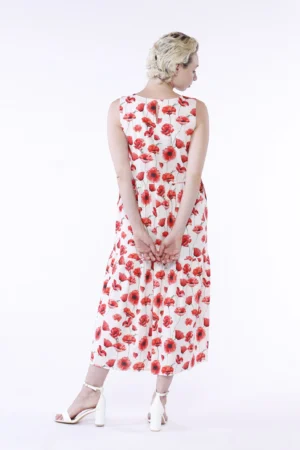 ABITO a fiori smanicato con gonna stratificata a sbuffo e bottoncino di chiusura posteriore