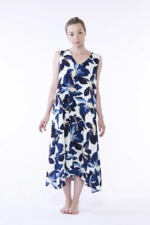 ABITO lungo smanicato a fantasia di fiori con scollo a V