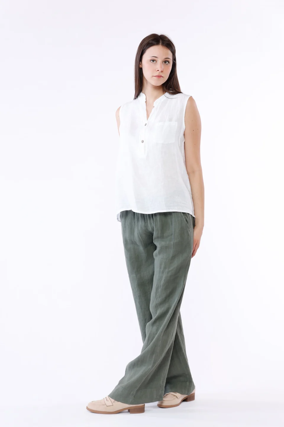 BLUSA smanicata in puro lino e scollo a V serafino ONEWORLD HYBRID