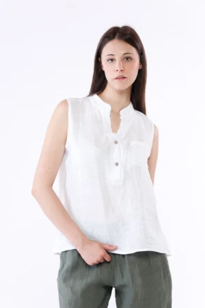 BLUSA smanicata in puro lino e scollo a V serafino