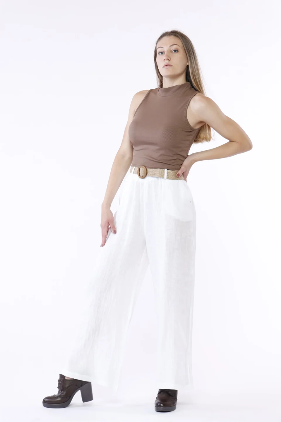 PANTALONE a palazzo in puro lino e cintura intrecciata ONEWORLD HYBRID