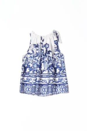 BLUSA smanicata a stampa fiori con fondo stratificato e grazioso collo arricciato con nastro laterale