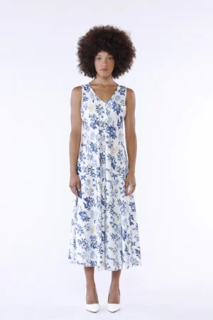 ABITO lungo smanicato a fantasia di fiori con ampio scollo a V