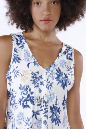 ABITO lungo smanicato a fantasia di fiori con ampio scollo a V