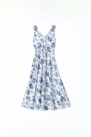 ABITO lungo smanicato a fantasia di fiori con ampio scollo a V