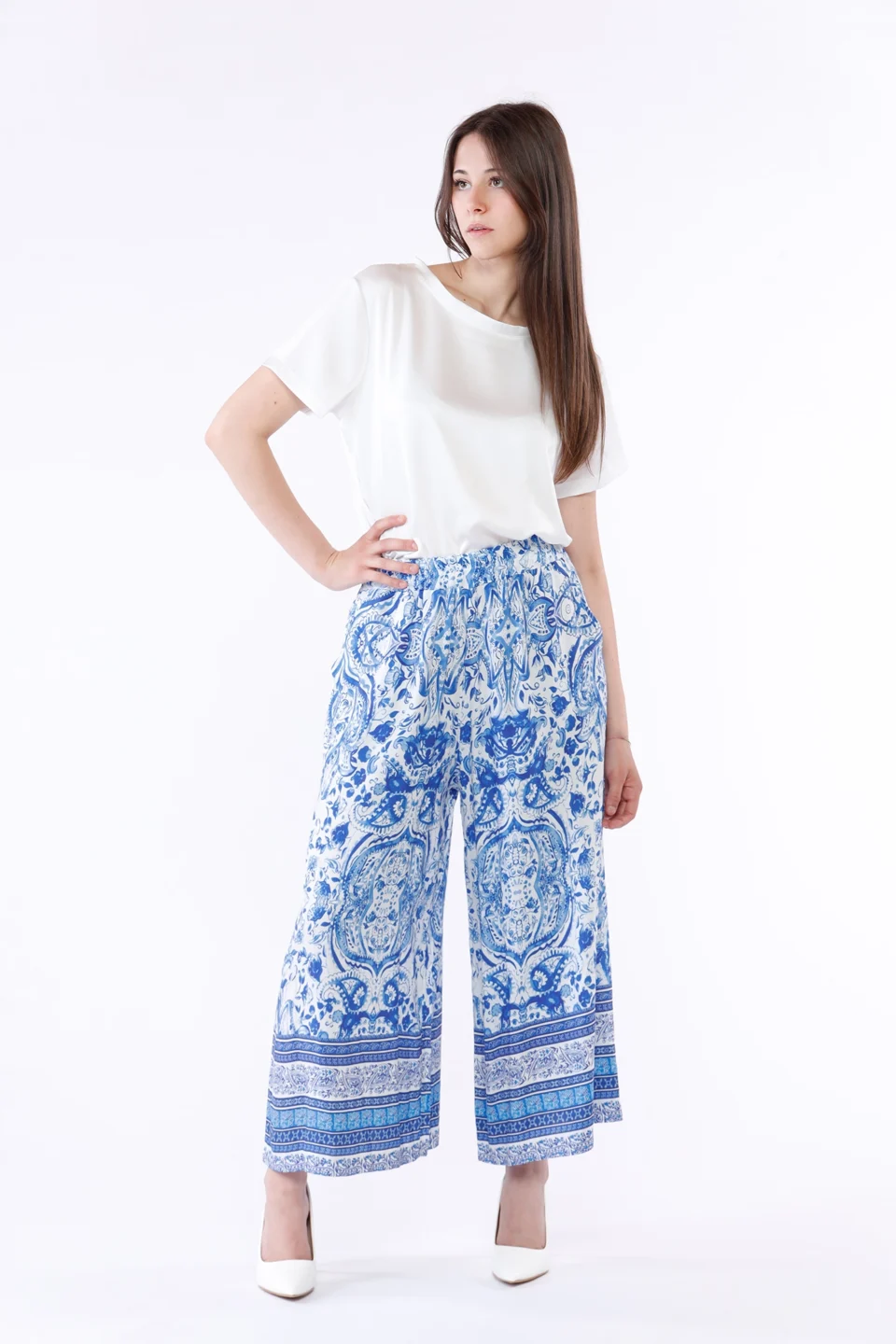 PANTALONE fresco wide leg con stampa fantasia stratificata al fondo ed elastico alto di chiusura in vita ONEWORLD HYBRID