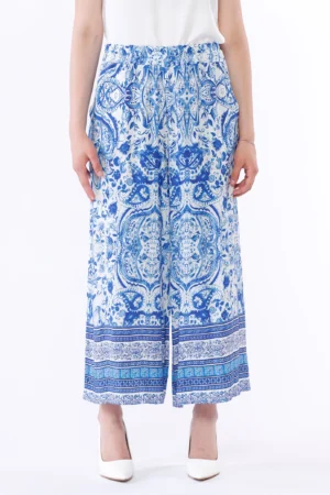 PANTALONE fresco wide leg con stampa fantasia stratificata al fondo ed elastico alto di chiusura in vita