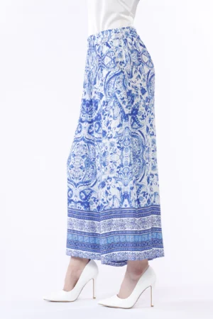 PANTALONE fresco wide leg con stampa fantasia stratificata al fondo ed elastico alto di chiusura in vita