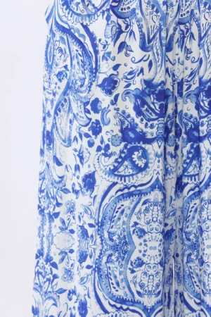 PANTALONE fresco wide leg con stampa fantasia stratificata al fondo ed elastico alto di chiusura in vita