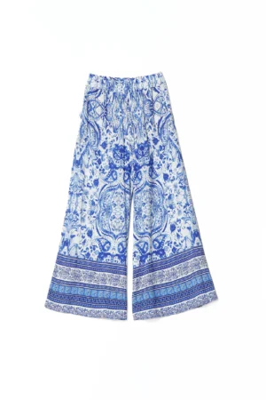 PANTALONE fresco wide leg con stampa fantasia stratificata al fondo ed elastico alto di chiusura in vita