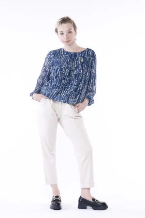 BLUSA a fantasia astratta con scollo a giro e orli elasticizzati a sbuffo ONEWORLD HYBRID