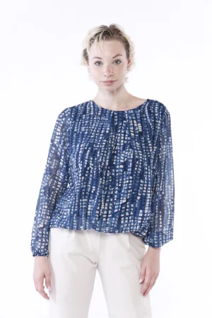 BLUSA a fantasia astratta con scollo a giro e orli elasticizzati a sbuffo