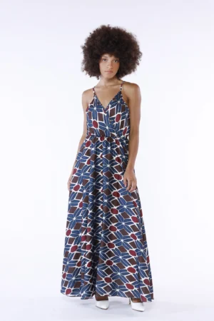 ABITO lungo con spalline con scollo a V ampio a fantasia astratta