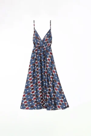 ABITO lungo con spalline con scollo a V ampio a fantasia astratta