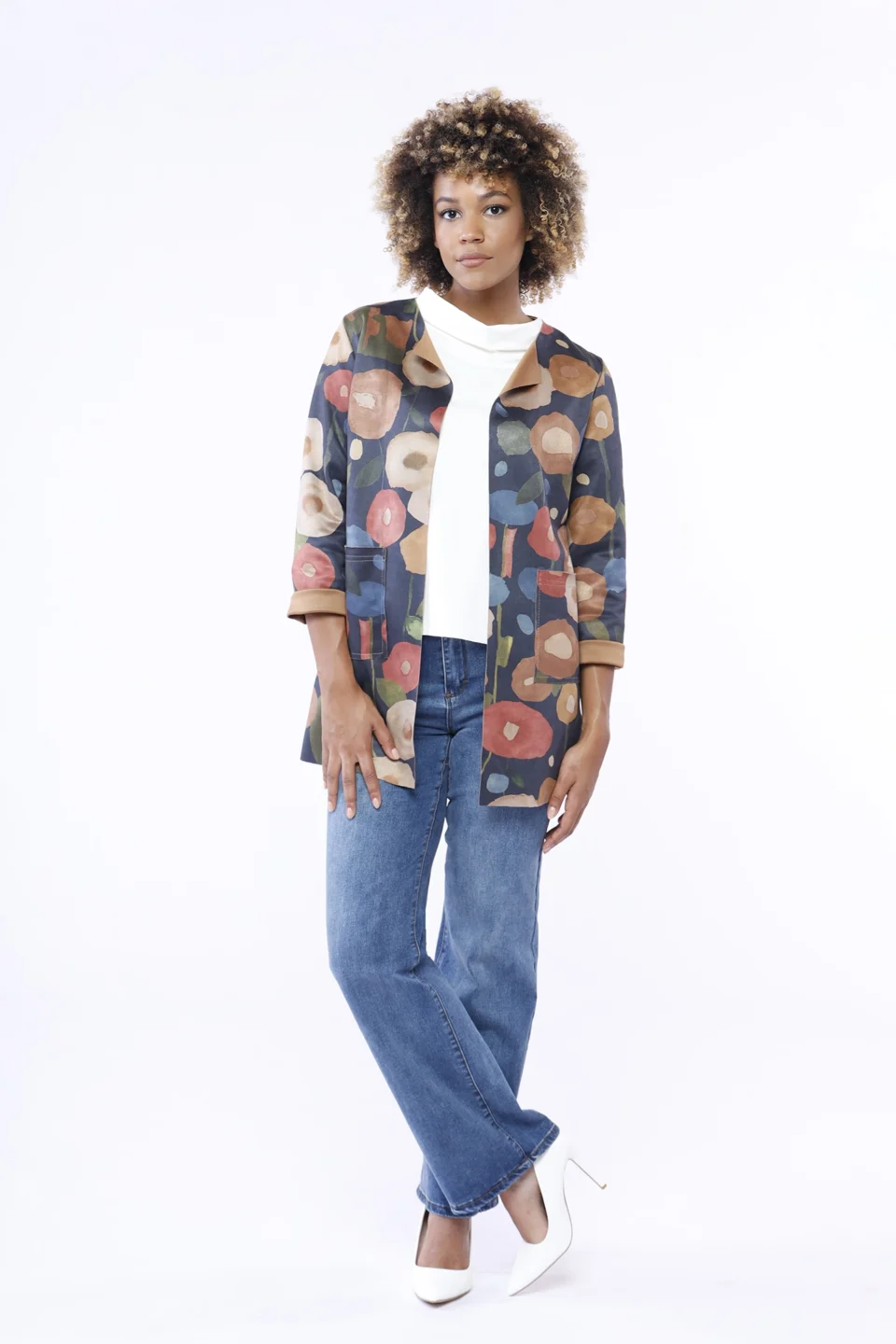 GIACCA blazer in dainetto con stampa fiori di campo aperta sul davanti ONEWORLD HYBRID