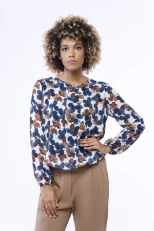BLUSA fantasia a fiori con scollo a giro orli a sbuffo e graziose pence verticali sul davanti