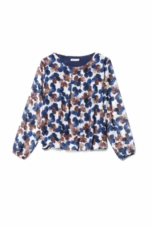 BLUSA fantasia a fiori con scollo a giro orli a sbuffo e graziose pence verticali sul davanti