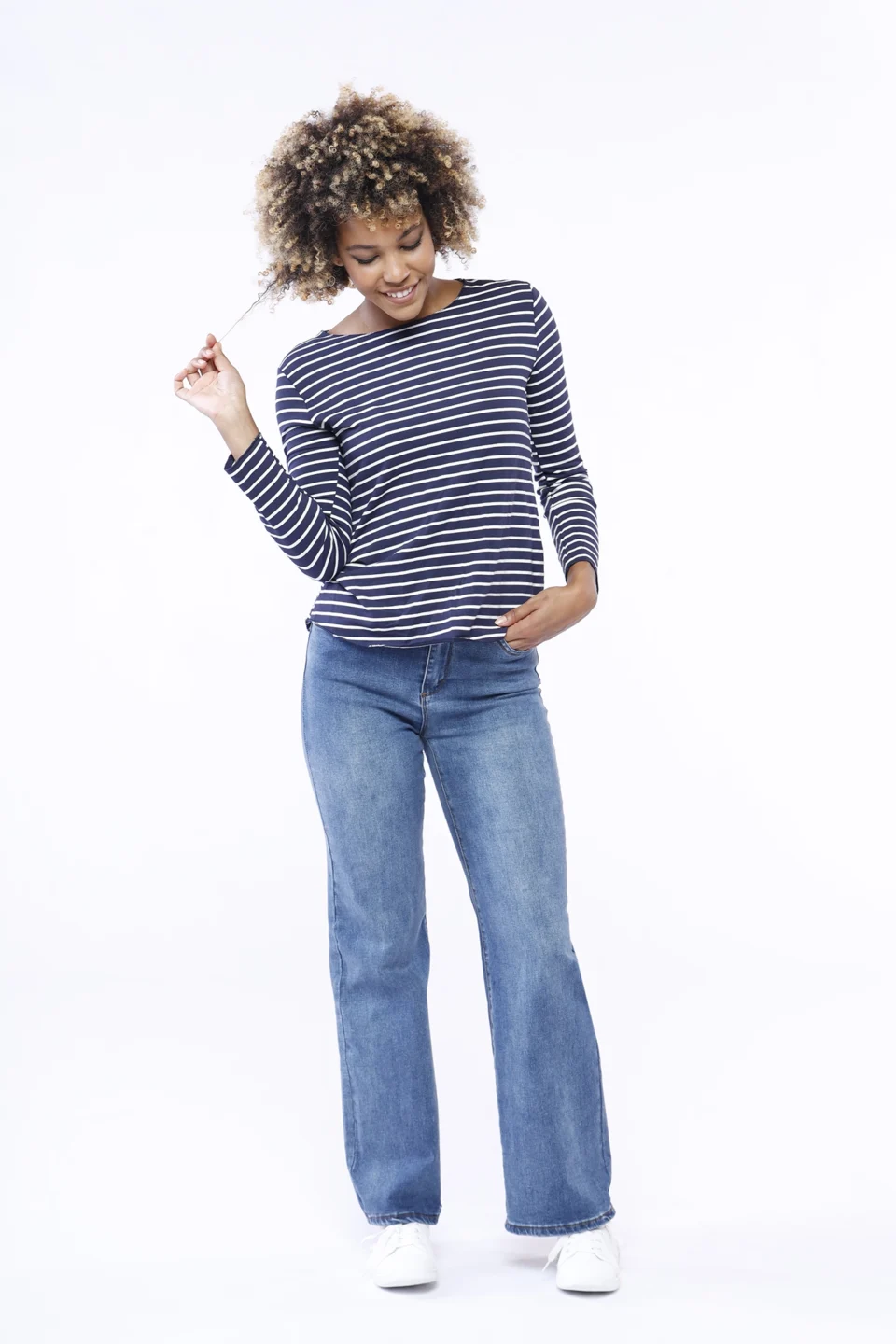 MAGLIA casual a righe di tendenza con scollo a barca con fondo arrotondato ONEWORLD HYBRID