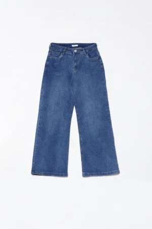 PANTALONE in denim a gamba larga con bottone di chiusura e passanti alla cintura