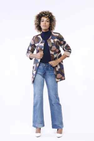 GIACCA blazer in dainetto lunga a fantasia astratta aperta sul davanti e con comode tasche