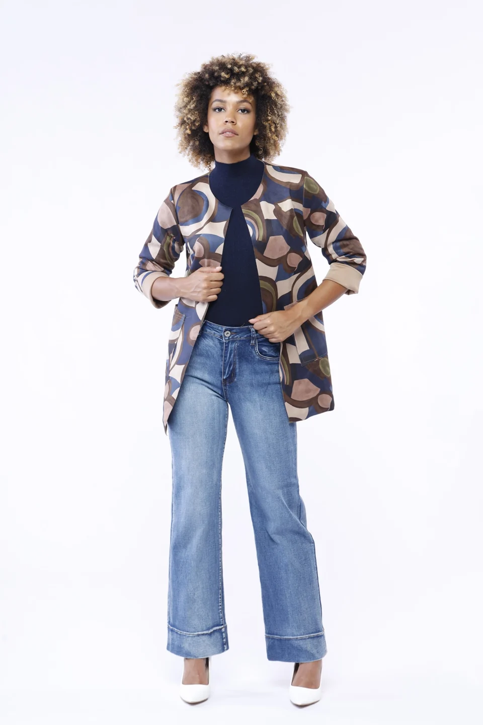 GIACCA blazer in dainetto lunga a fantasia astratta aperta sul davanti e con comode tasche ONEWORLD HYBRID