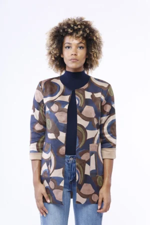 GIACCA blazer in dainetto lunga a fantasia astratta aperta sul davanti e con comode tasche