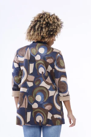 GIACCA blazer in dainetto lunga a fantasia astratta aperta sul davanti e con comode tasche