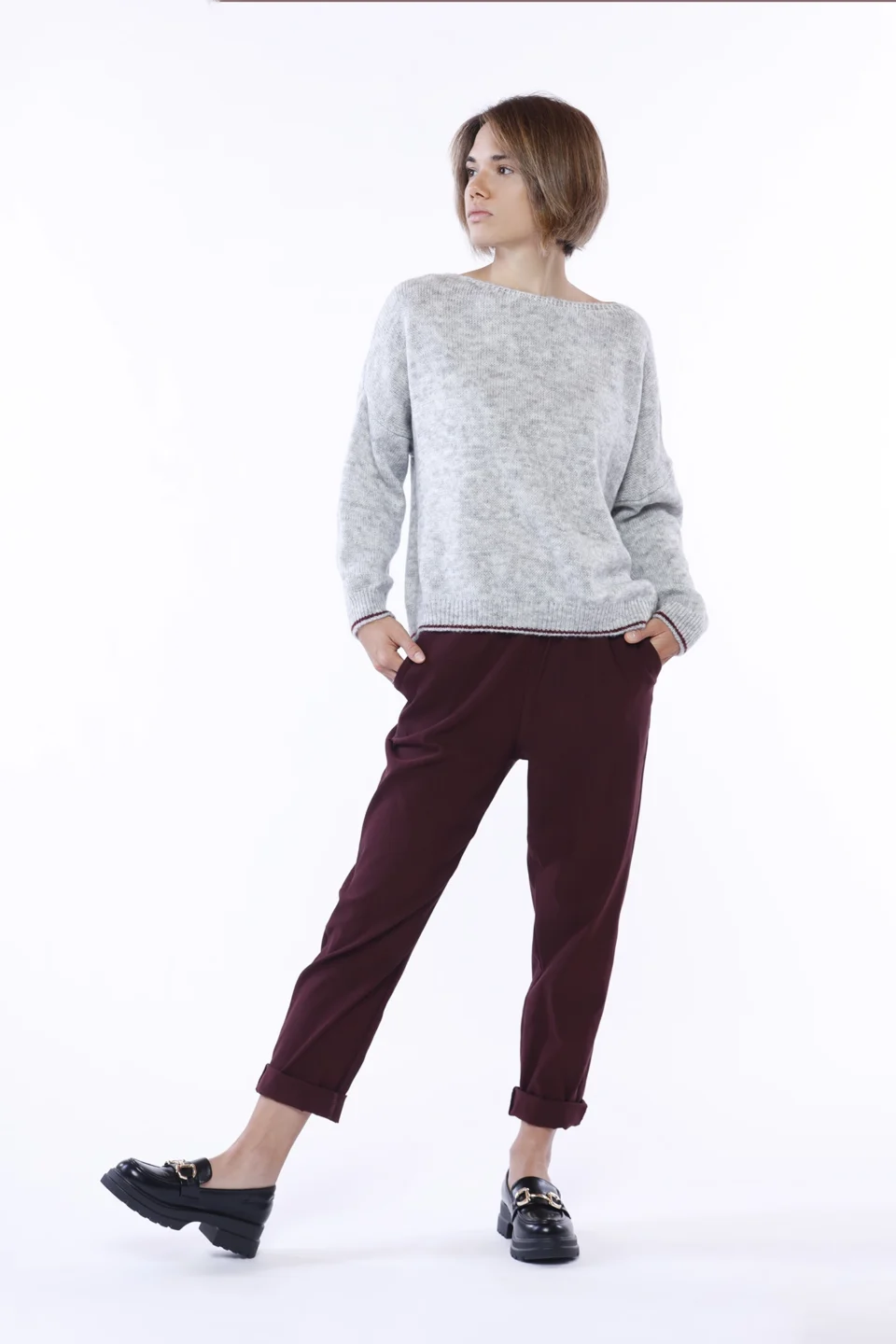 MAGLIA casual ampia con scollo a barca e orli bicolore a contrasto ONEWORLD HYBRID