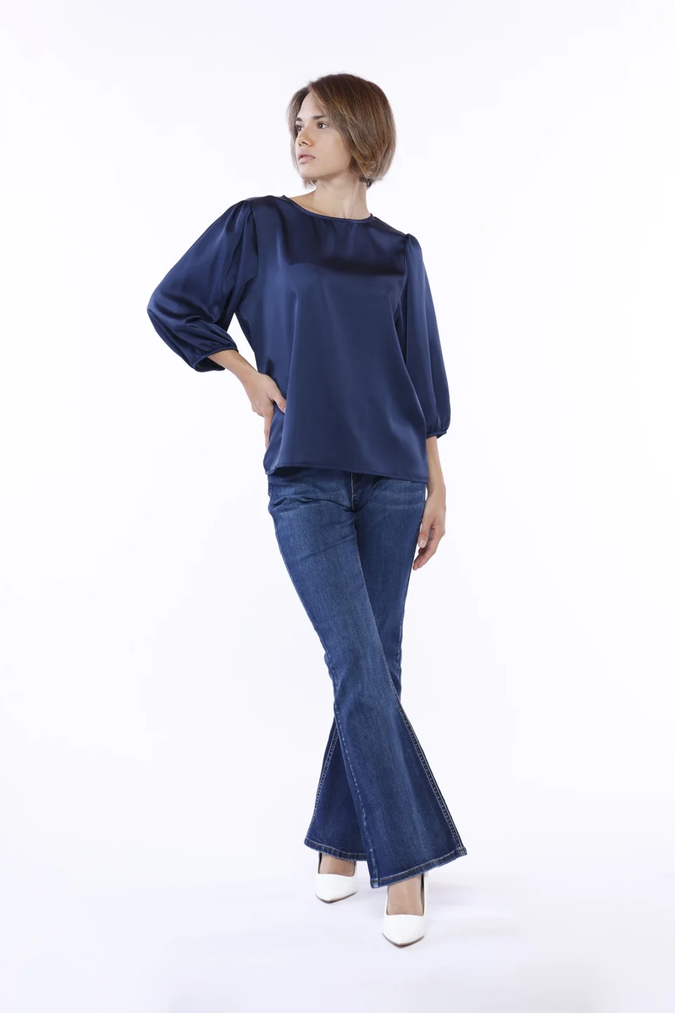 BLUSA satinata girocollo con maniche a sbuffo ONEWORLD HYBRID