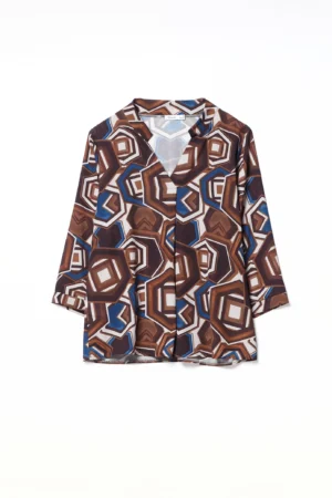 BLUSA a stampa fantasia con colletto alla coreana aperto a V sul davanti e maniche a kimono