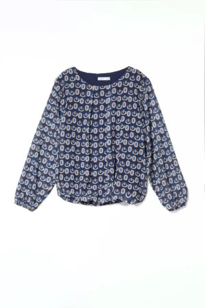 BLUSA a stampa fantasia con scollo a giro, orli a sbuffo e graziose pence sul davanti