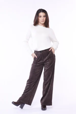 PANTALONE in velluto di cotone a palazzo con chiusura a bottone e passanti alla cintura ONEWORLD HYBRID