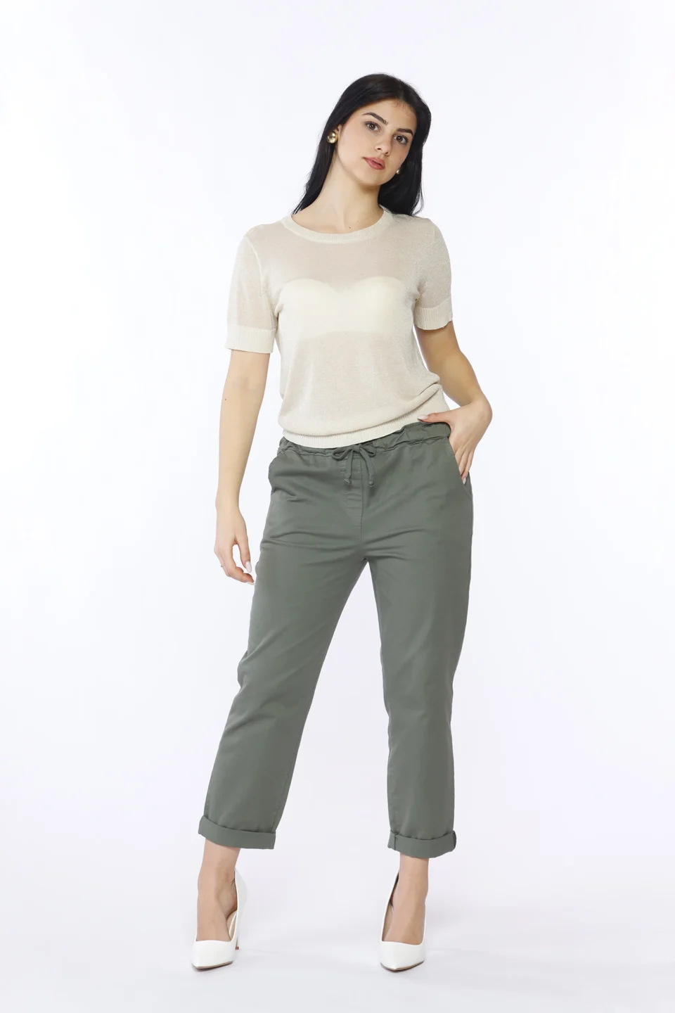 PANTALONE comodo con elegante gabardina interna al girovita laccetto di chusura e risvolti alle caviglie ONEWORLD HYBRID