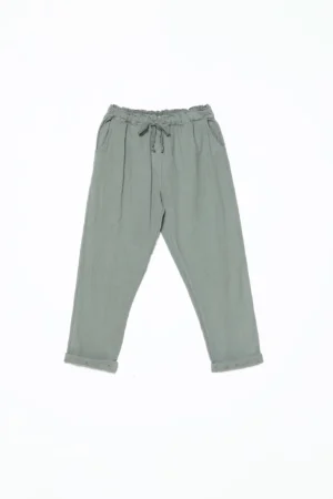 PANTALONE in fresco lino misto a cotone con pratico laccetto in vita e graziosi risvolti sangallo