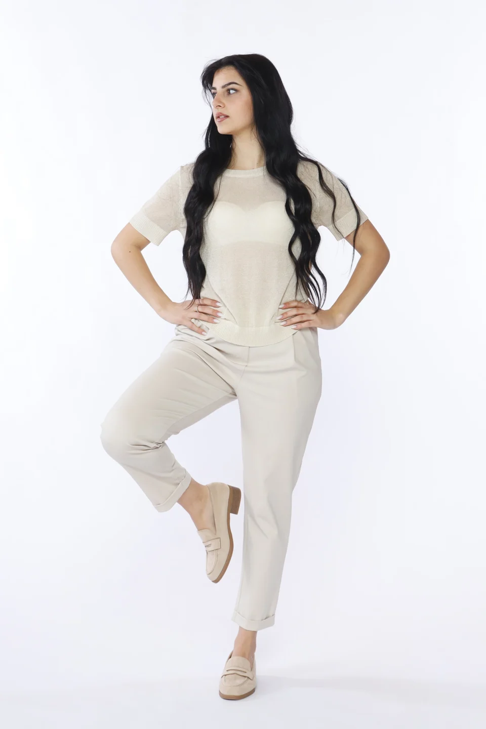 MAGLIA in lurex a manica corta con scollo a giro casual e orli a costine ONEWORLD HYBRID