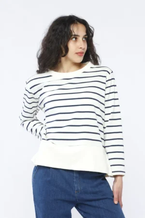 BLUSA a righe con scollo a barca e orlo alto con spacchetti al fondo monocolore
