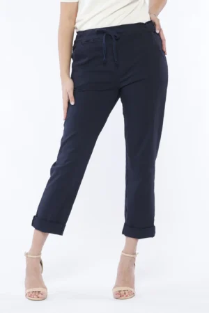 PANTALONE comodo in cotone con risvolti alle caviglie fodera interna a fiori e laccetto di chiusura