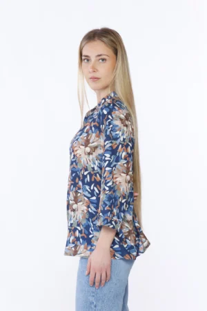 BLUSA fantasia di fiori con maniche a kimono e colletto alla coreana aperto a V