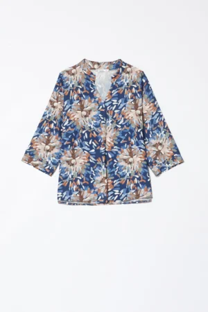 BLUSA fantasia di fiori con maniche a kimono e colletto alla coreana aperto a V